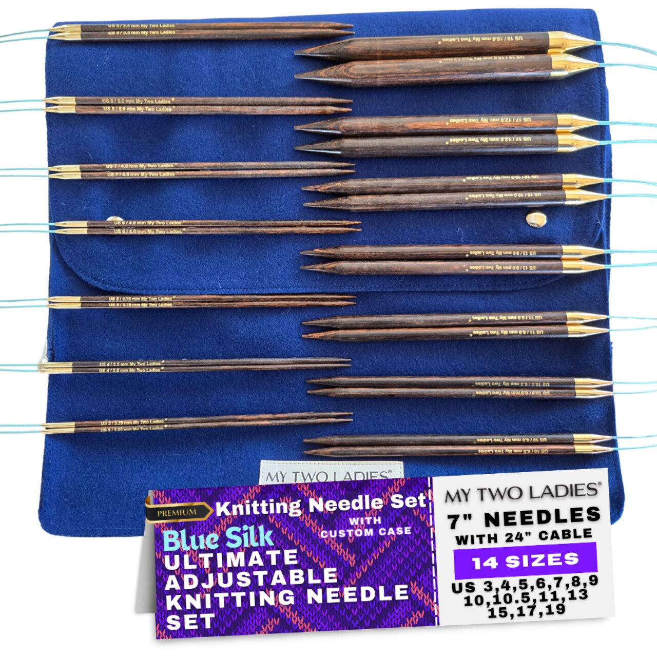 My Two Ladies | Blue Silk | Ultimate Adjustable Knitting Needle Set | 14 Sizes | w/custom case